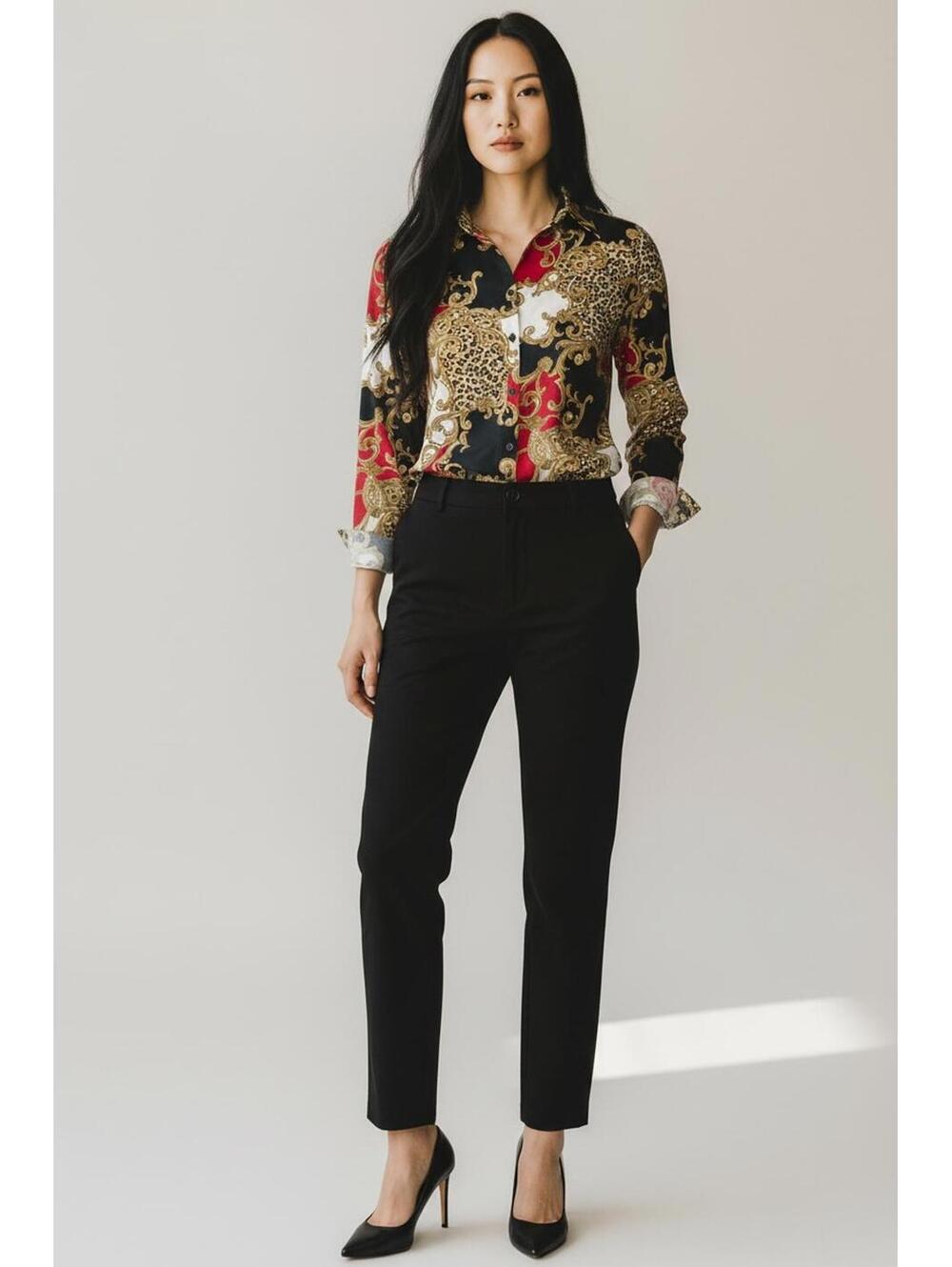 Chicos Leopard Print/Baroque Print No-Iron Button-Up Shirt, Size 0 (US 4)